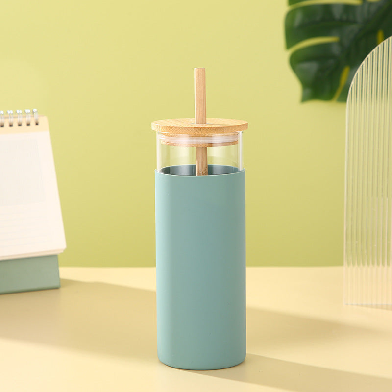 Gobelet en verre résistant avec couvercle et paille en bambou - Moderne et créatif
