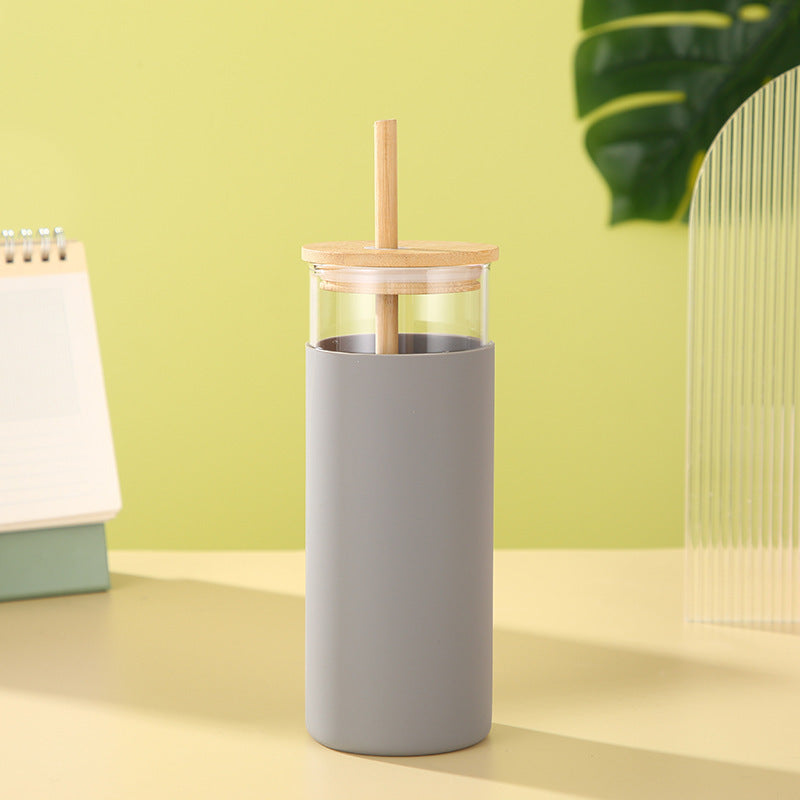 Gobelet en verre résistant avec couvercle et paille en bambou - Moderne et créatif