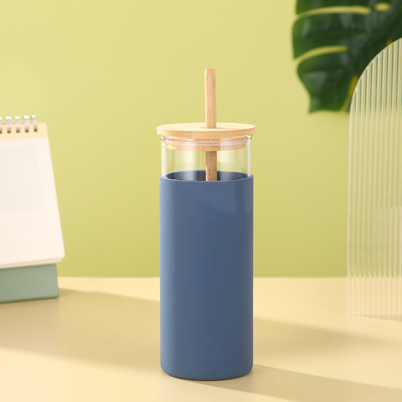 Gobelet en verre résistant avec couvercle et paille en bambou - Moderne et créatif