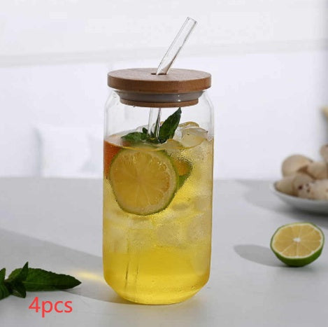 Verre borosilicate transparent avec couvercle et paille - Idéal pour boissons chaudes et froides