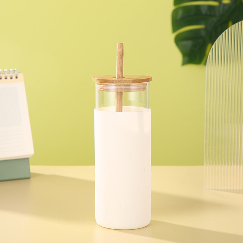 Gobelet en verre résistant avec couvercle et paille en bambou - Moderne et créatif