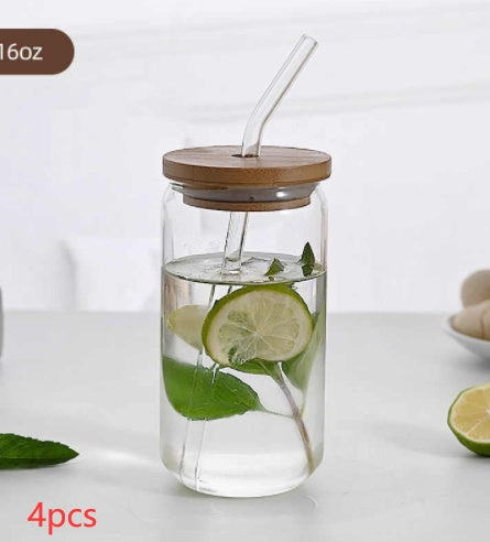 Verre borosilicate transparent avec couvercle et paille - Idéal pour boissons chaudes et froides