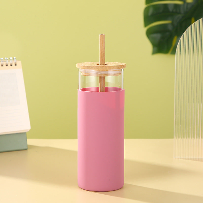 Gobelet en verre résistant avec couvercle et paille en bambou - Moderne et créatif