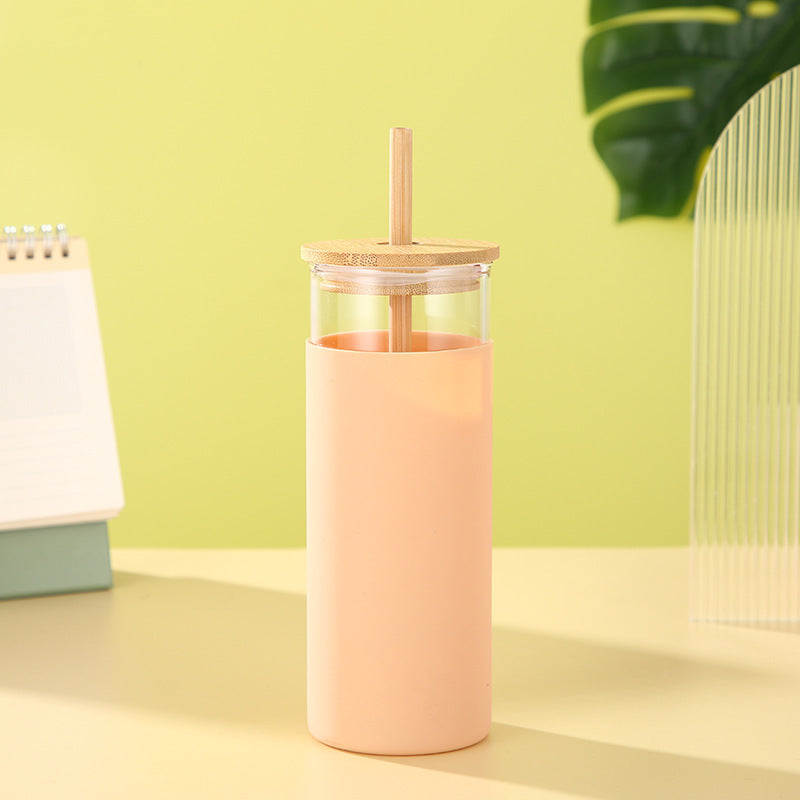 Gobelet en verre résistant avec couvercle et paille en bambou - Moderne et créatif