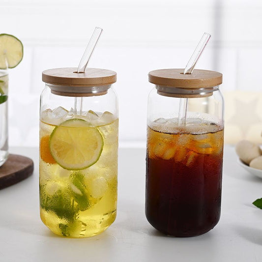 Verre borosilicate transparent avec couvercle et paille - Idéal pour boissons chaudes et froides